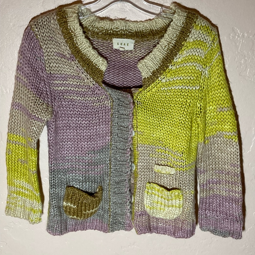 Shae Purple and Yellow Cardigan Sweater with Open Knit Design